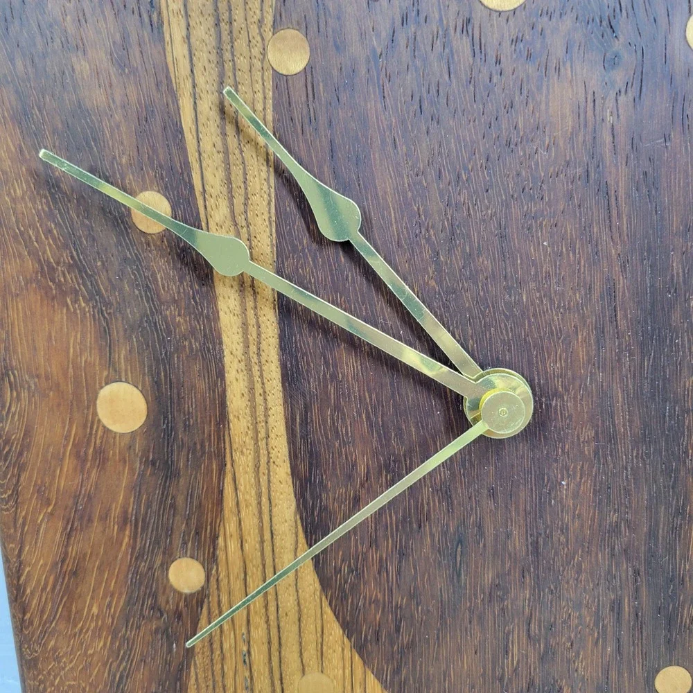 VTG Mixed Wood Wall Clock MCM Brass Hands Quartz Japan Studio Handmade Works